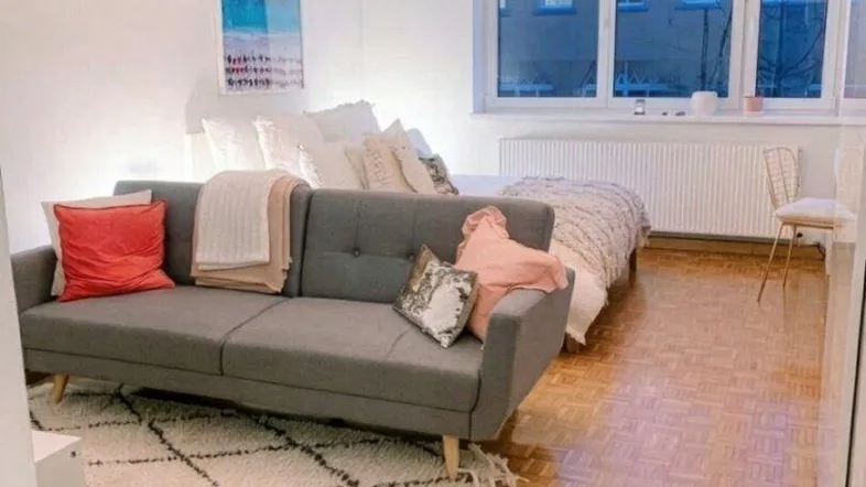 Helles und modern eingerichtetes Studio-Apartment mit Parkettboden, Sofa und Bettbereich.