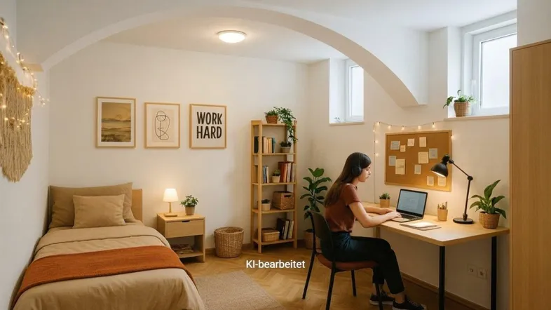 Helles Schlafzimmer mit Holzboden, gewölbter Decke und Arbeitsbereich am Fenster.