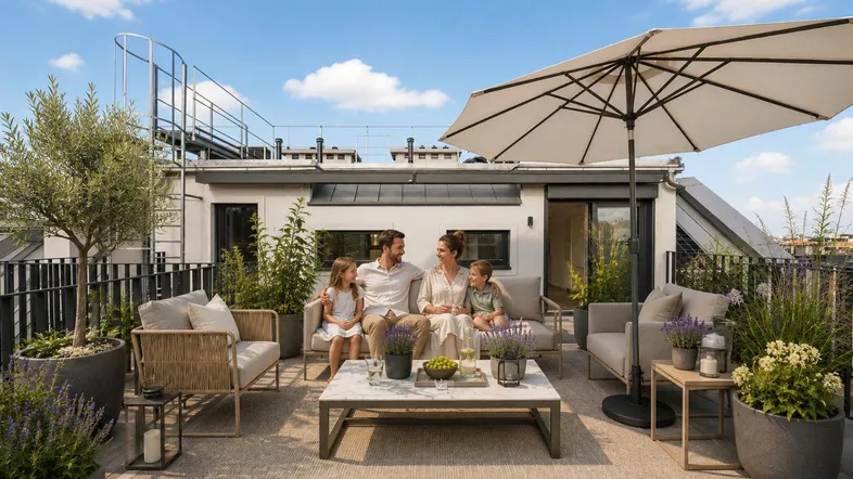 Familie entspannt auf der großzügigen Dachterrasse mit bequemen Gartenmöbeln und Sonnenschirm.