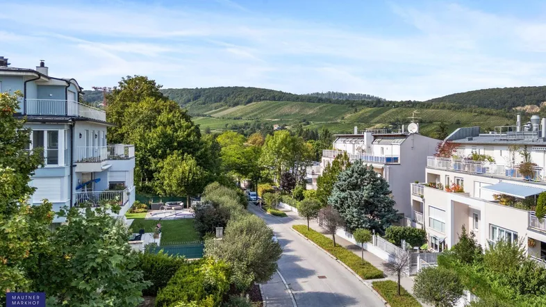 Panoramablick auf eine Wohngegend mit modernen Gebäuden, üppigem Grün und Weinbergen im Hintergrund unter blauem Himmel.