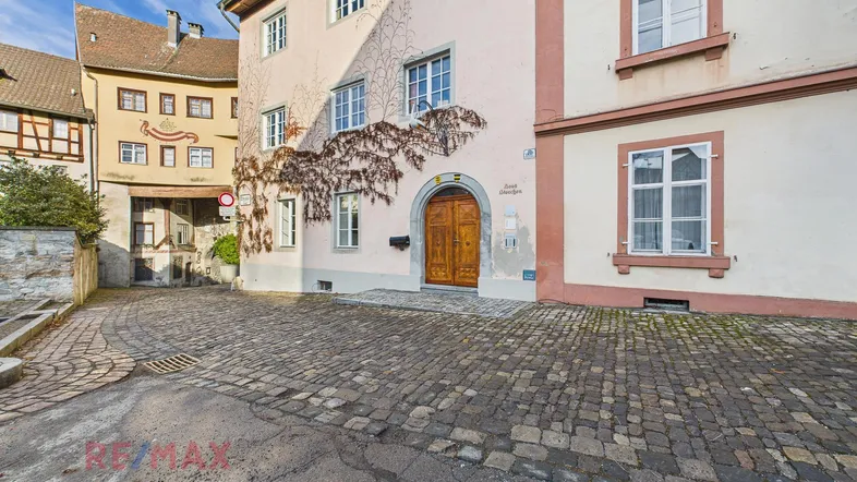 Historisches Gebäude mit Holztür und Kletterpflanzen an der Fassade, gepflasterte Gasse.