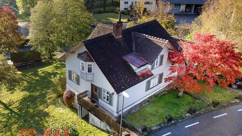 Luftaufnahme eines Einfamilienhauses mit rotem Herbstbaum und umliegender Natur.