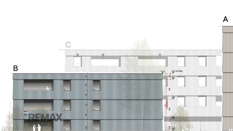 Architektonische Ansicht der Gebäudefassade mit modernen Fenstern und Balkonen in einem Neubauprojekt.