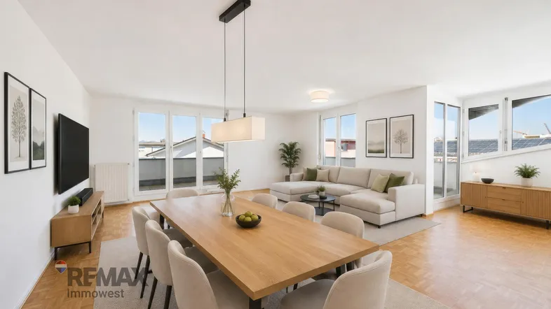 Virtuell eingerichteter, heller Wohn-Essbereich mit Zugang zum Balkon und modernen Möbeln.