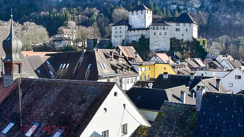 Historische Stadtansicht mit Dächern, Kirchturm und einer imposanten Burg im Hintergrund, umgeben von Hügeln.