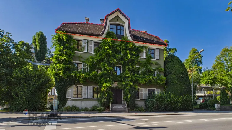Grünes Gebäude mit Efeu bewachsen an einer Straße unter blauem Himmel.