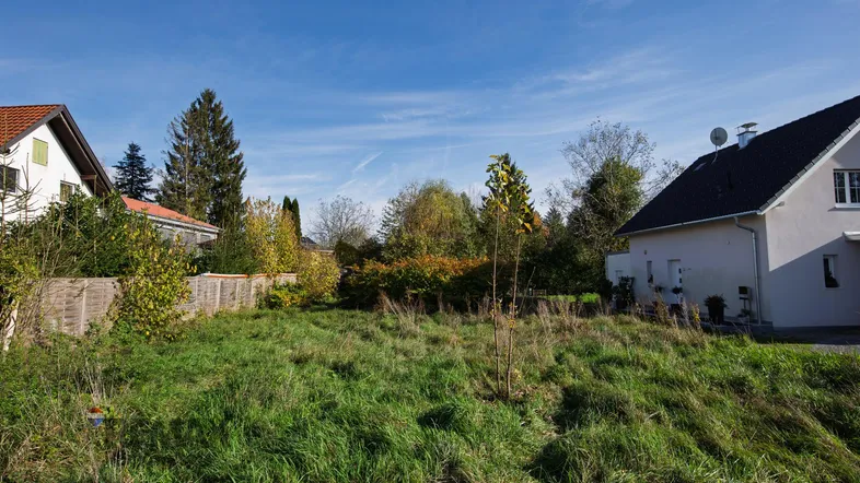 Unbebautes Grundstück mit hohem Gras und umgebenden Wohnhäusern unter blauem Himmel.