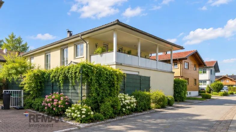 Gelbes Haus mit gepflegter Hecke und blühenden Hortensien in sonniger Umgebung.