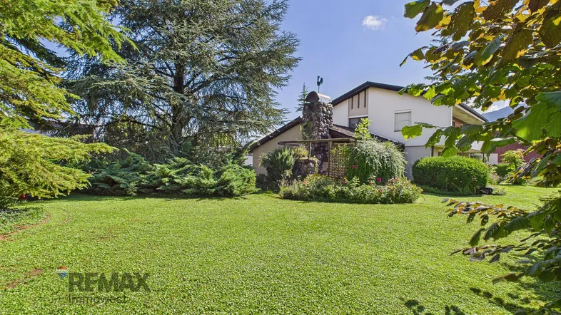 Großer, gepflegter Garten mit weitläufiger Rasenfläche und altem Baumbestand vor dem Haus.