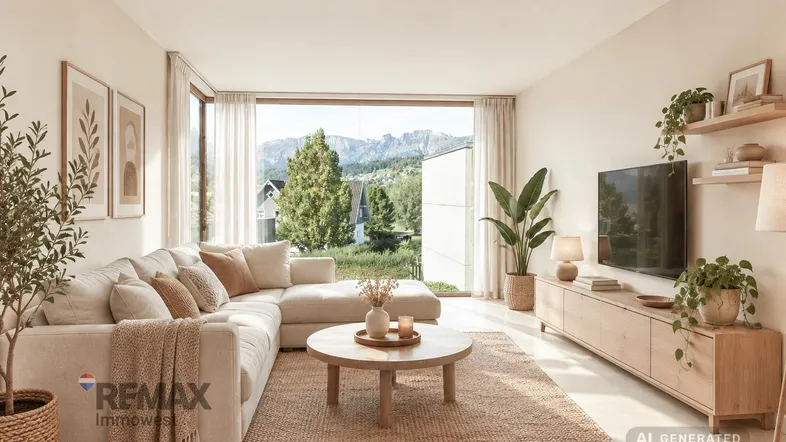 Helles Wohnzimmer mit beigem Sofa, Holztisch und Bergblick durch große Fenster.