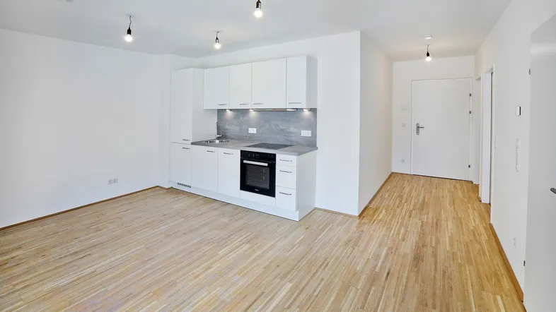 Helles Wohnzimmer mit integrierter Küchenzeile, Parkettboden und weißen Wänden.