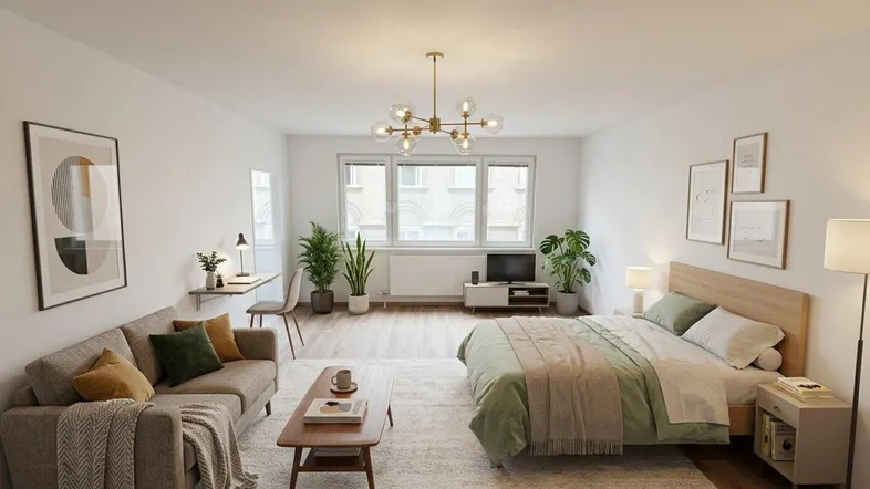 Helles, virtuell inszeniertes Studio-Apartment mit modernem Dekor, Schlaf- und Wohnbereich sowie großen Fenstern.