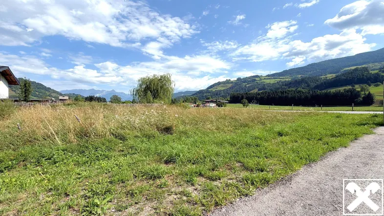 Weitläufiges Grundstück mit grüner Wiese und Bergblick unter blauem Himmel.