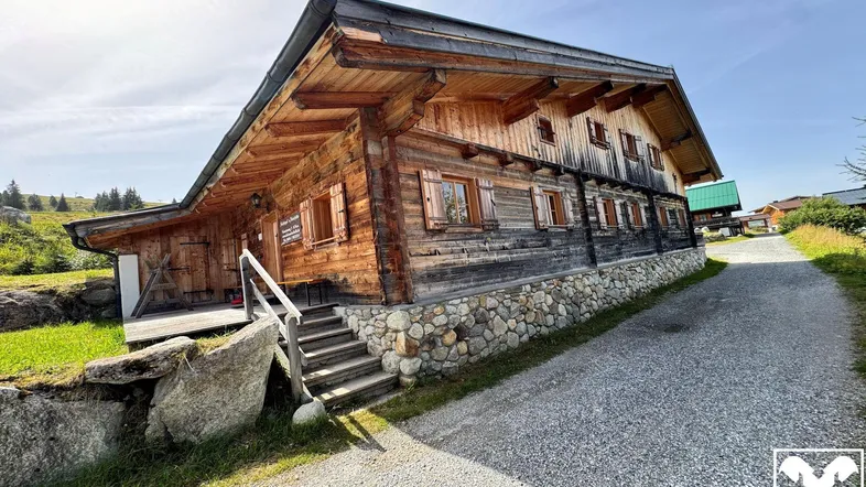 Rustikales Holzchalet mit Steinfundament und traditionellen Holzfensterläden in alpiner Umgebung unter blauem Himmel.