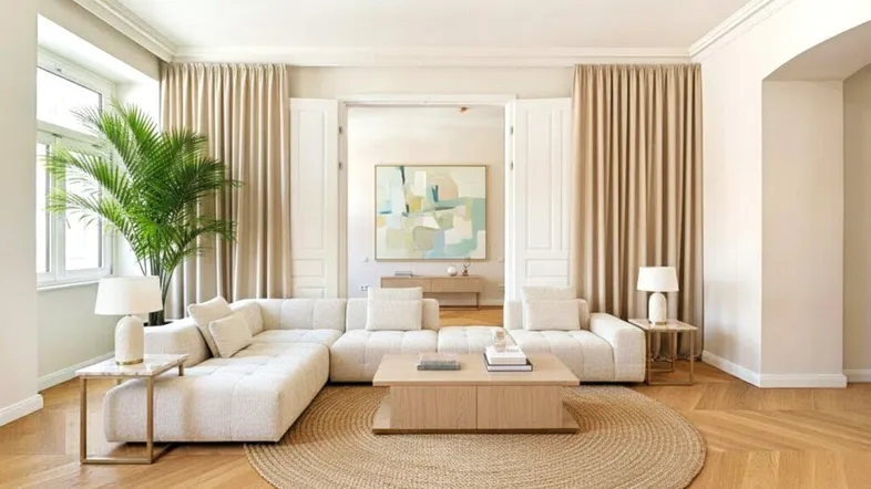 Helles, modernes Wohnzimmer mit beigem Sofa, Holzboden und hohen Decken, ideal für Entspannung.