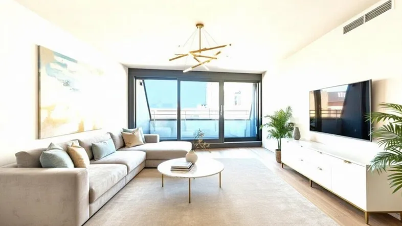 Helles, modern eingerichtetes Wohnzimmer mit beigem Teppich, Holzboden und Zugang zum Balkon.