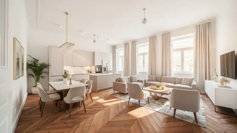 Heller, offener Wohn-Essbereich mit moderner Küche, Fischgrätparkett und hohen Fenstern, ideal für geselliges Beisammensein.