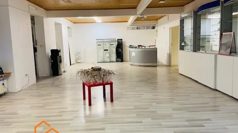 Geräumiger, offener Ladenbereich mit heller Laminatboden und Holzdeckenverkleidung, ideal für gewerbliche Nutzung.