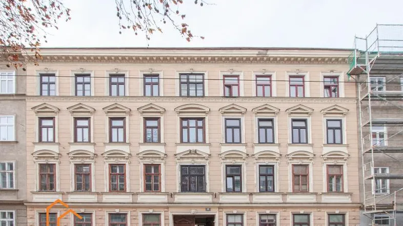 Historische Fassade eines Altbaus mit vielen Fenstern und einem Baugerüst an der Seite.
