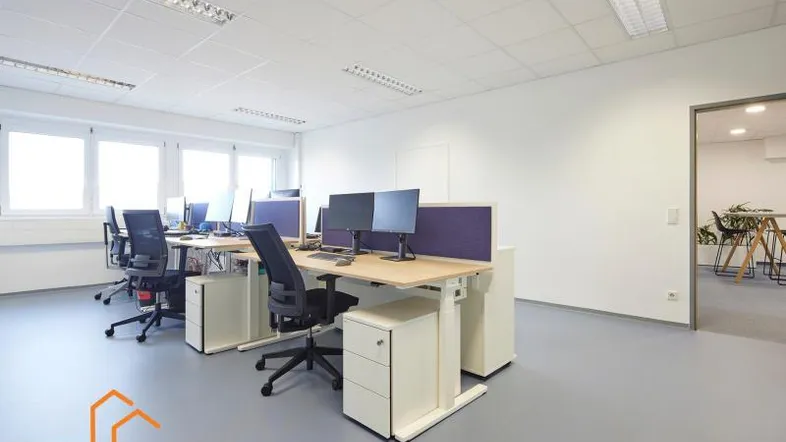 Modernes Großraumbüro mit mehreren Arbeitsplätzen, großen Fenstern und viel Tageslicht.