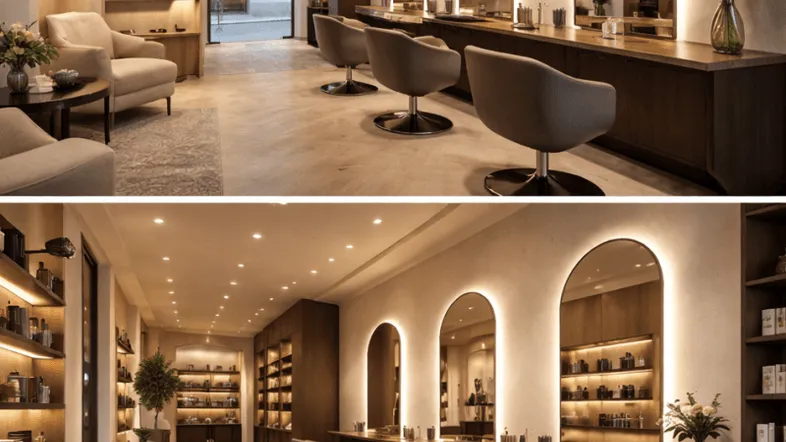 Elegantes Ladenlokal mit modernen Styling-Stationen, großen Spiegeln und hochwertigen Holzregalen.