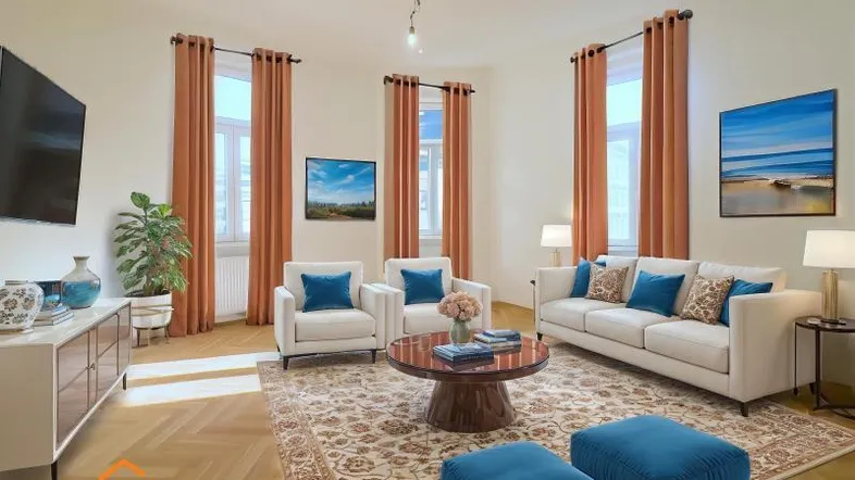 Helles, modern eingerichtetes Wohnzimmer mit beigem Sofa, blauen Akzenten und Fischgrätparkett.