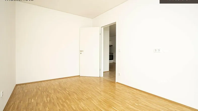 Helles, unmöbliertes Zimmer mit Parkettboden und weiß gestrichenen Wänden.