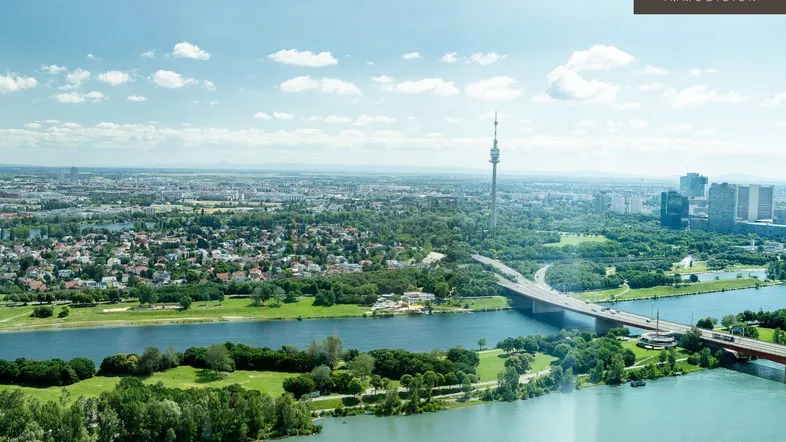 Panoramablick auf die Stadt Wien mit Donau, Brücken und dem Donauturm unter blauem Himmel.