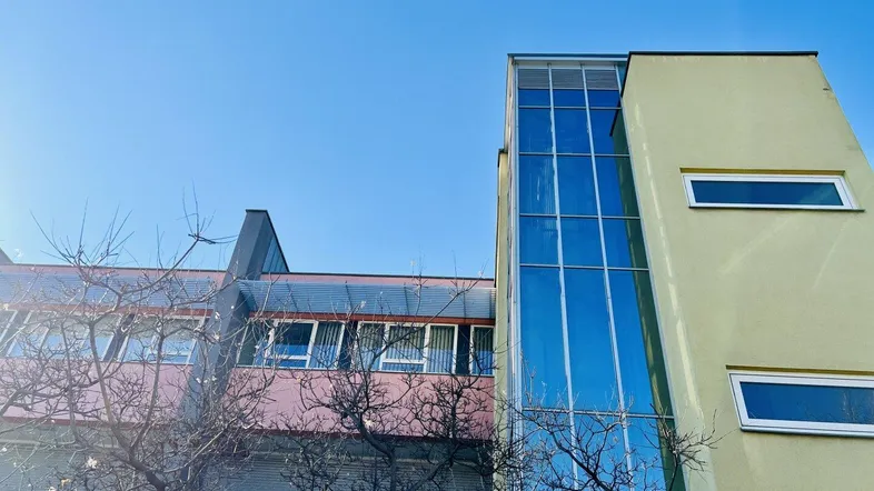 Modernes Gebäude mit olivgrüner Fassade und auffälligem Glasaufzug unter blauem Himmel.