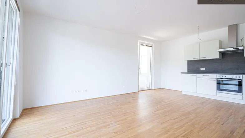 Heller offener Wohnbereich mit integrierter Küche, Parkettboden und Zugang zum Balkon.