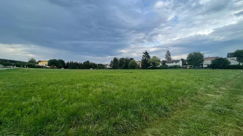 Großes grünes Feld mit Häusern und Bäumen im Hintergrund unter bewölktem Himmel.