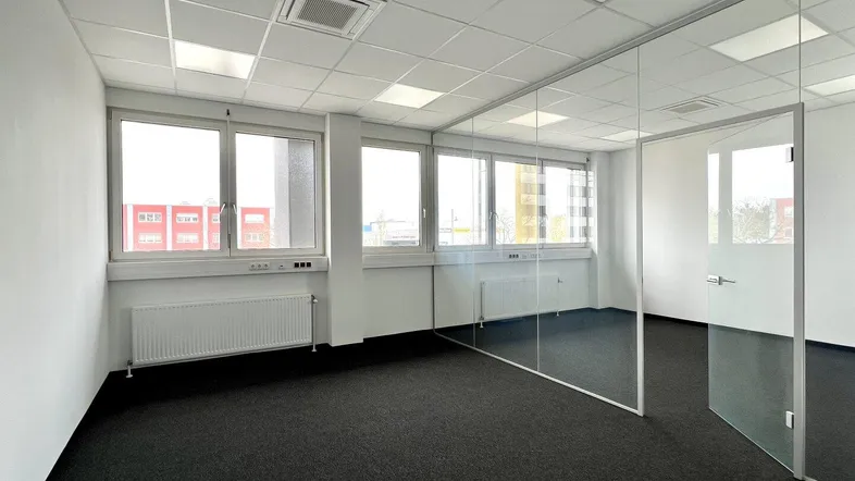 Helles Büro mit Teppichboden, großen Fenstern und moderner Glasabtrennung für flexible Arbeitsbereiche.