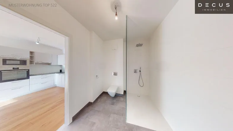 Modernes Badezimmer mit begehbarer Dusche und Wand-WC, angrenzend an einen Raum mit Holzfußboden.