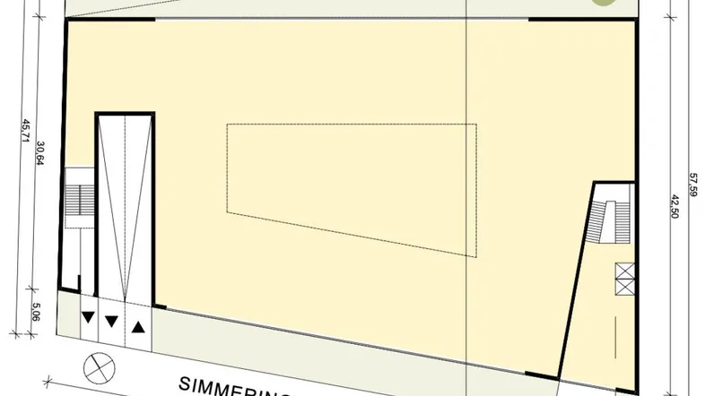 Grundriss des Erdgeschosses mit einer großen Grünfläche von 644 m² und direktem Zugang zur Simmeringer Hauptstraße.