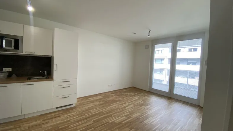 Heller Wohn-Essbereich mit integrierter Küchenzeile, Parkettboden und Zugang zu großen Fenstern.
