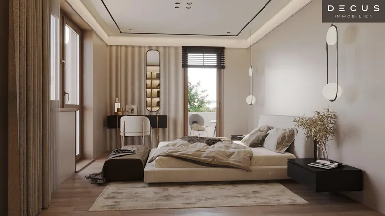 Modernes Schlafzimmer mit hellem Interieur, Holzboden und Zugang zu einem kleinen Balkon.