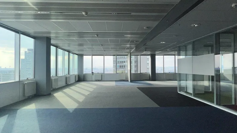 Großes, offenes Büro mit Teppichboden und raumhohen Fenstern, die viel Tageslicht hereinlassen.