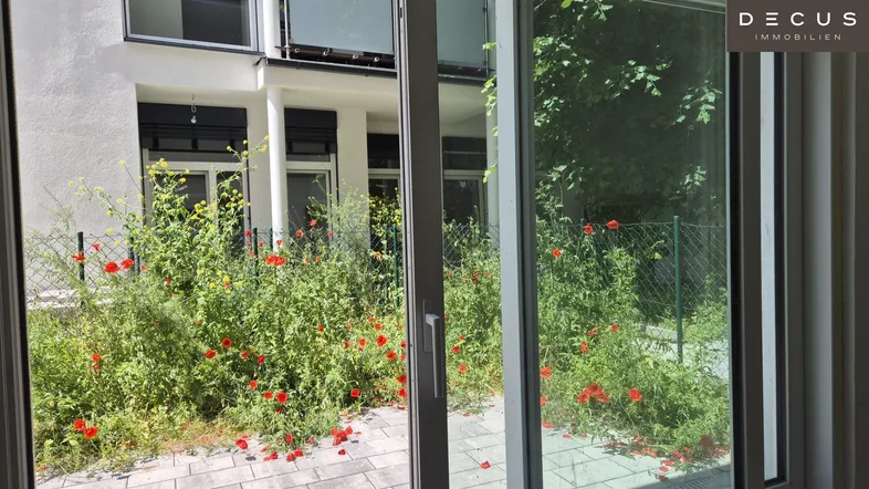Blick aus dem Innenraum auf einen kleinen, bepflanzten Gartenbereich mit roten Blumen.