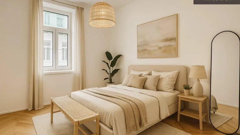 Helles Schlafzimmer mit modernem Design, Parkettboden und einem großen Fenster.