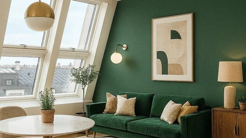 Helles Wohn- und Esszimmer mit grüner Akzentwand, Fischgrätparkett und großen Dachfenstern mit Stadtblick.