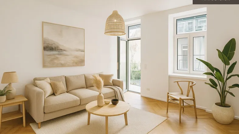 Helles Wohnzimmer mit beigem Sofa, Holzboden und Zugang zu einem französischen Balkon.