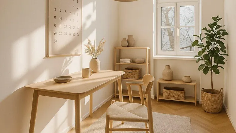 Heller Essbereich mit Holztisch, Stühlen und einem Fenster, das viel Tageslicht hereinlässt.
