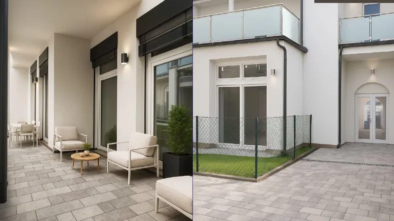 Moderne Außenanlage mit gepflasterter Terrasse, Sitzgelegenheiten und kleinem Gartenbereich. Balkone mit Glasgeländer ergänzen das zeitgemäße Design.