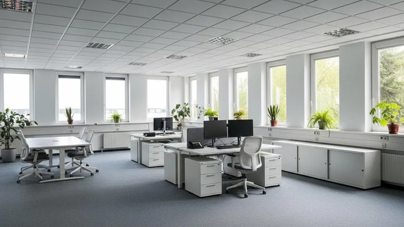 Helles und geräumiges Büro mit mehreren Arbeitsplätzen, großen Fenstern und Teppichboden.