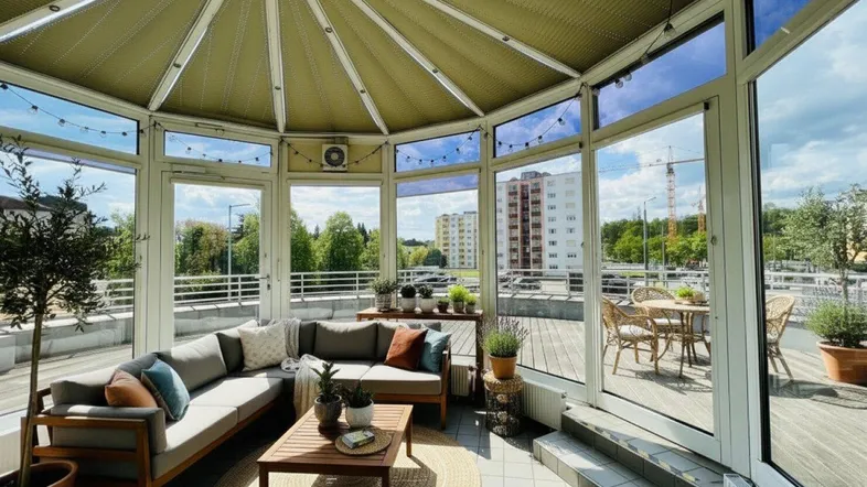 Heller Wintergarten mit gemütlicher Sitzecke und Blick auf die Stadt, ideal zum Entspannen.