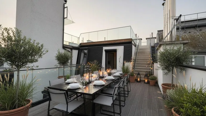 Elegante Dachterrasse mit großem Esstisch, Pflanzen und stimmungsvoller Beleuchtung für gesellige Abende.