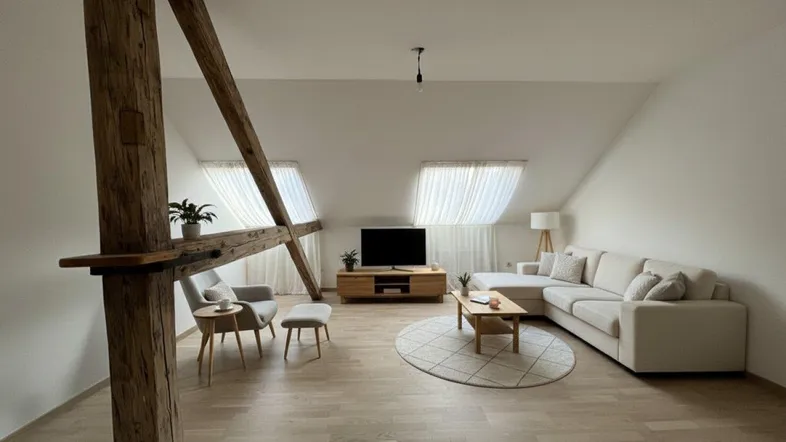 Helles Wohnzimmer im Dachgeschoss mit sichtbaren Holzbalken, Dachfenstern und moderner Einrichtung.