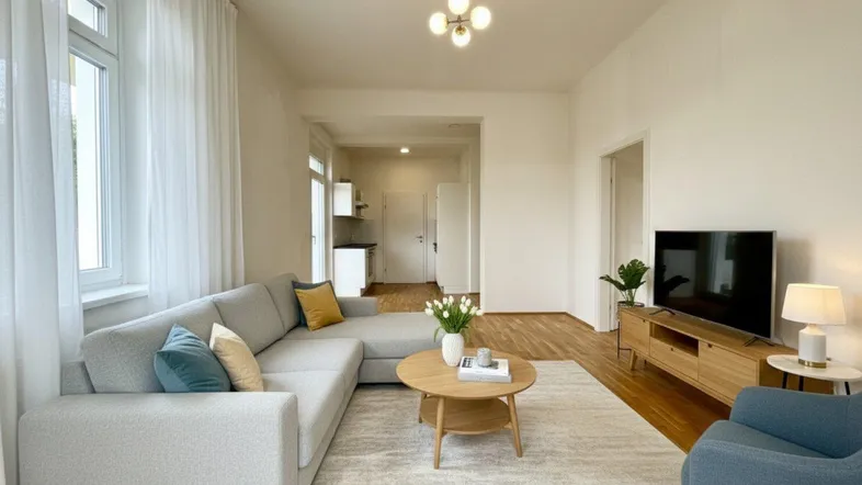 Helles Wohnzimmer mit modernem Sofa, Holzboden und Blick auf eine kleine Küchenzeile.