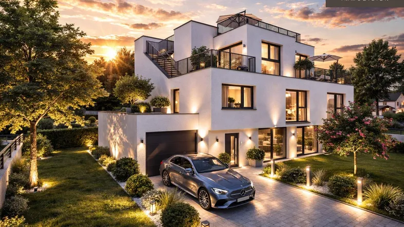 Moderne Villa mit weißer Fassade, großen Fenstern und beleuchtetem Garten bei Sonnenuntergang.