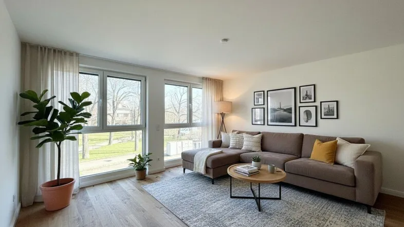 Helles Wohnzimmer mit großen Fenstern, Holzboden und gemütlichem Sofa.